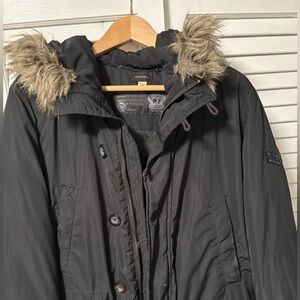 Black Fur-Trimmed Hooded Coat